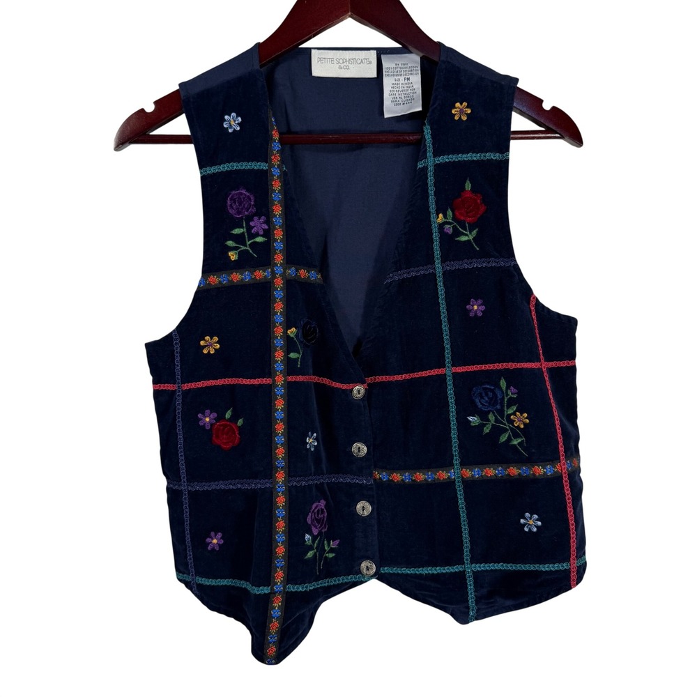 Vintage Embroidered Cotton Vest Floral Patchwork Petite Sophisticate 1990s M